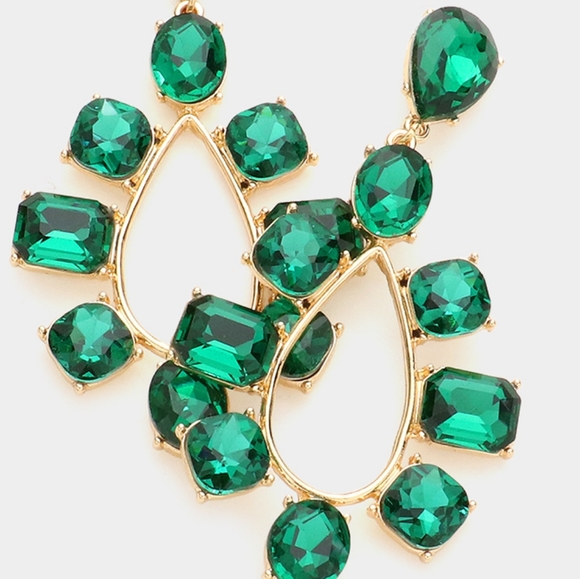 Green Stone Trimmed Dangle Earrings Teardrop Crystal Bling Statement Jewelry - Picture 2 of 2